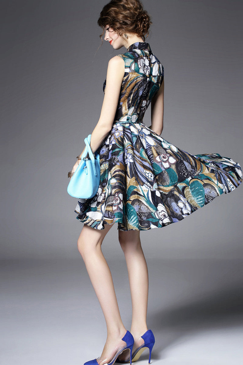 A-LINE POLO NECK ELEGANT PRINTING SLEEVELESS SHORT DRESS