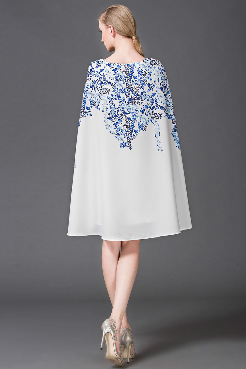 Boat Neck Blue And White Porcelain Cape Poncho Dress