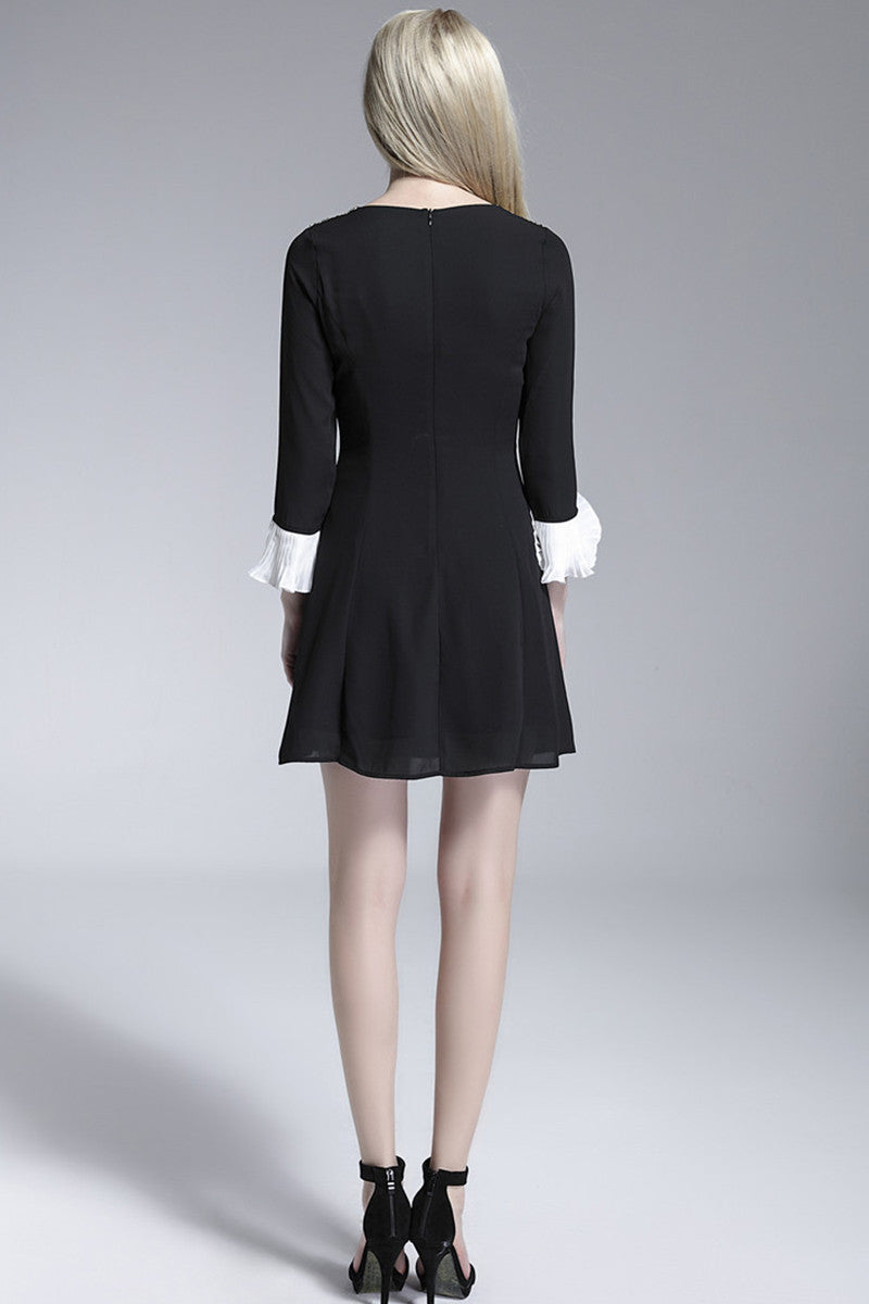 Beaded Round Collar Ruffle Flare Sleeve Slim Dress