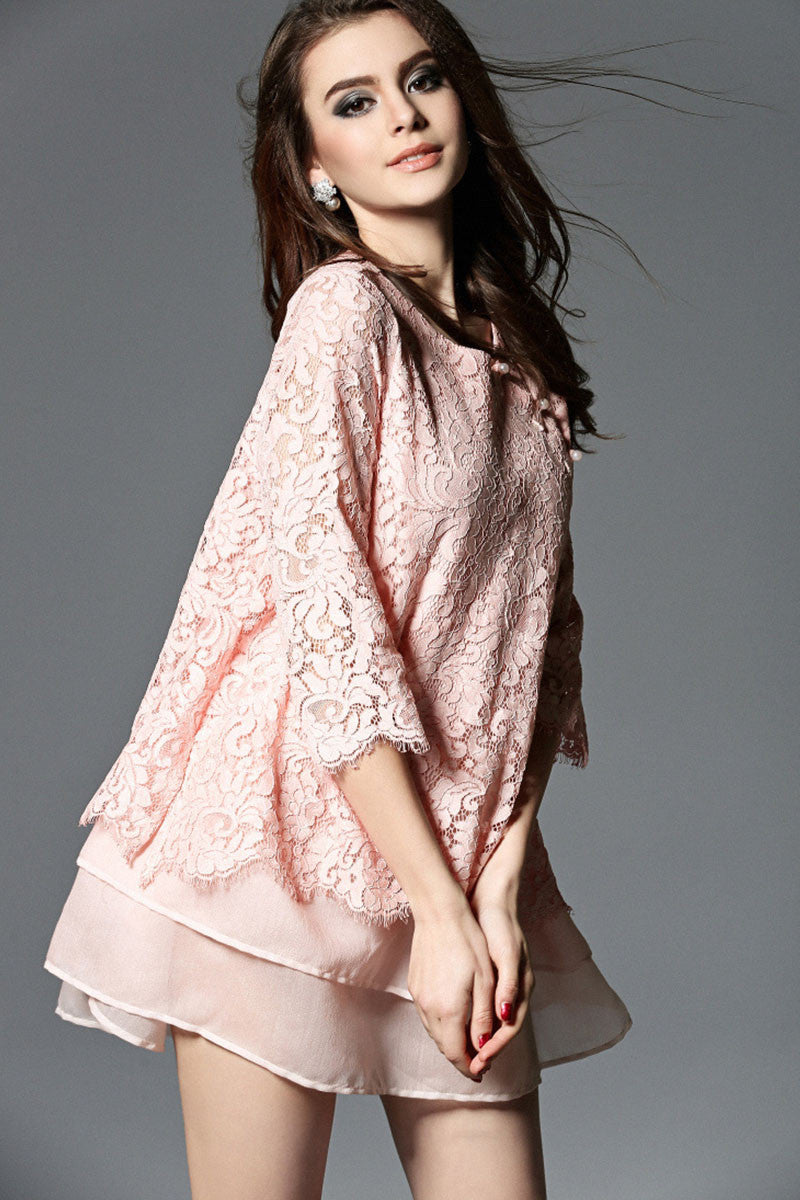 WOMEN'S CASUAL H-LINE ROUND NECK LACE SHEER MESH KINT DRESS