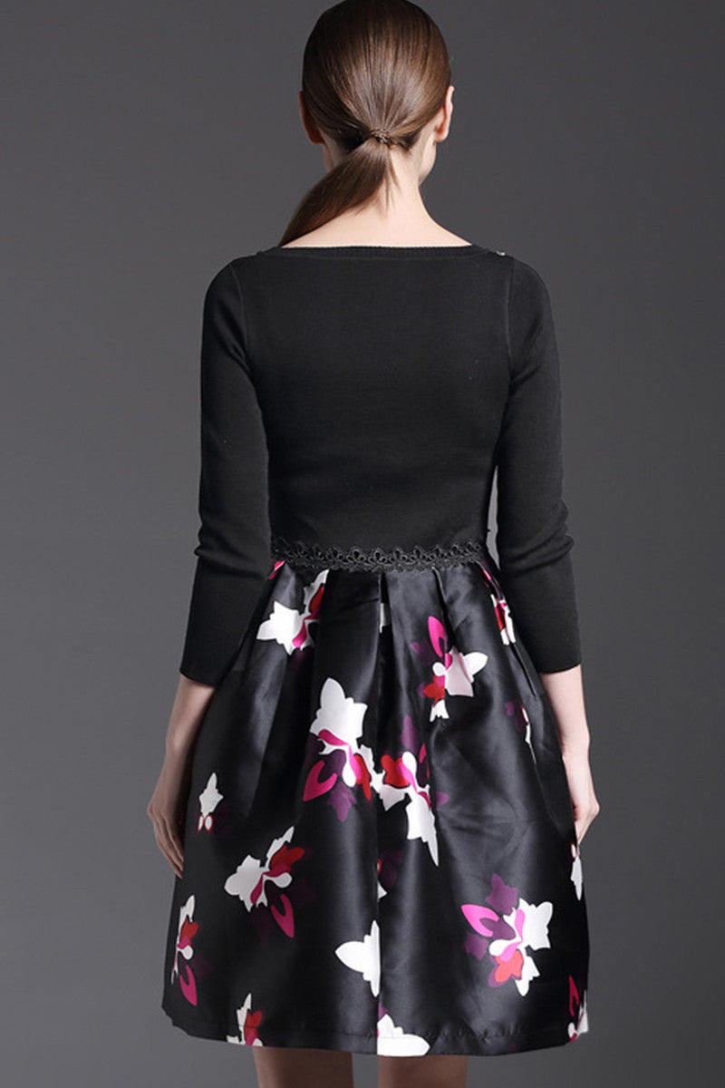 Boat Collar Knit Long sleeve Patch Print Full Dress