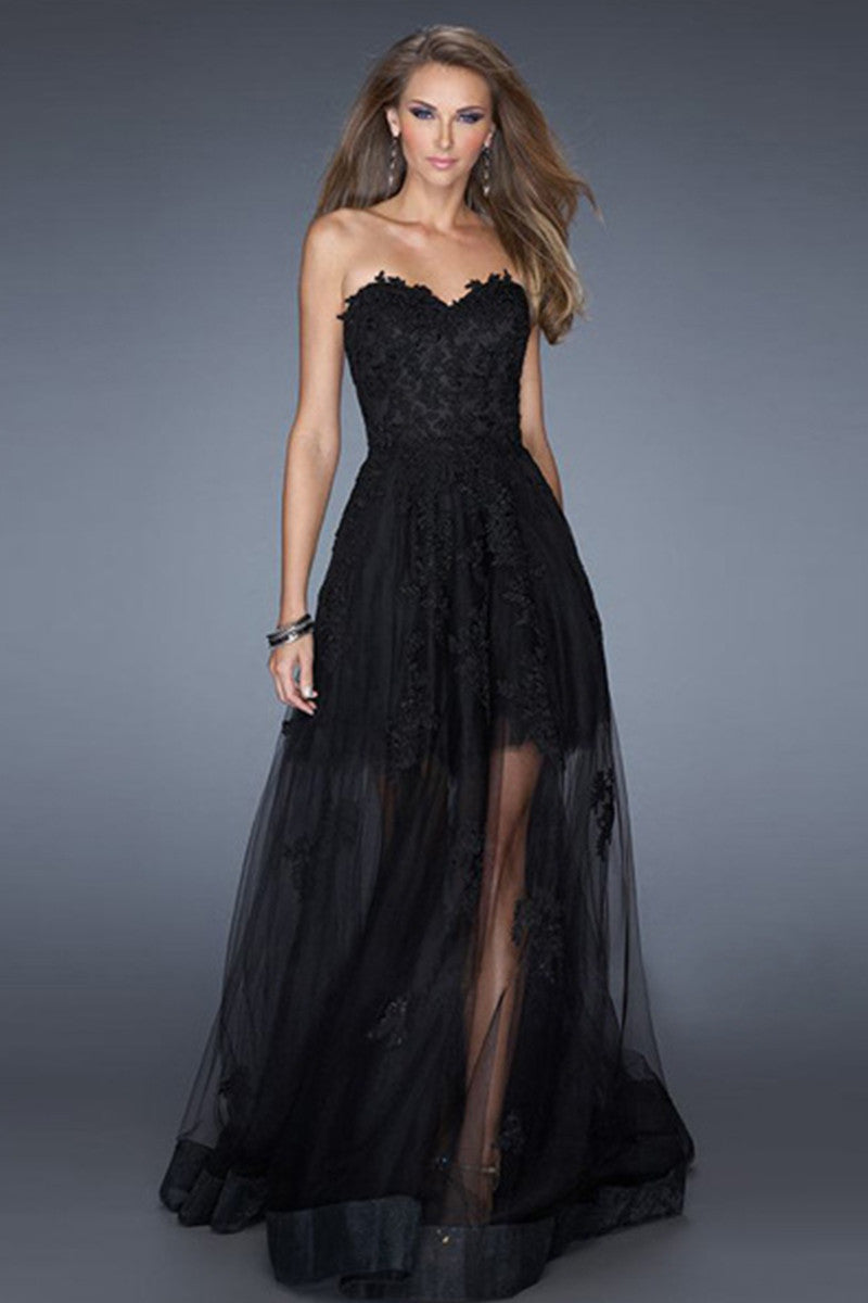 Strapless Sweetheart Lace Applique Sheer Tulle Backless Grown