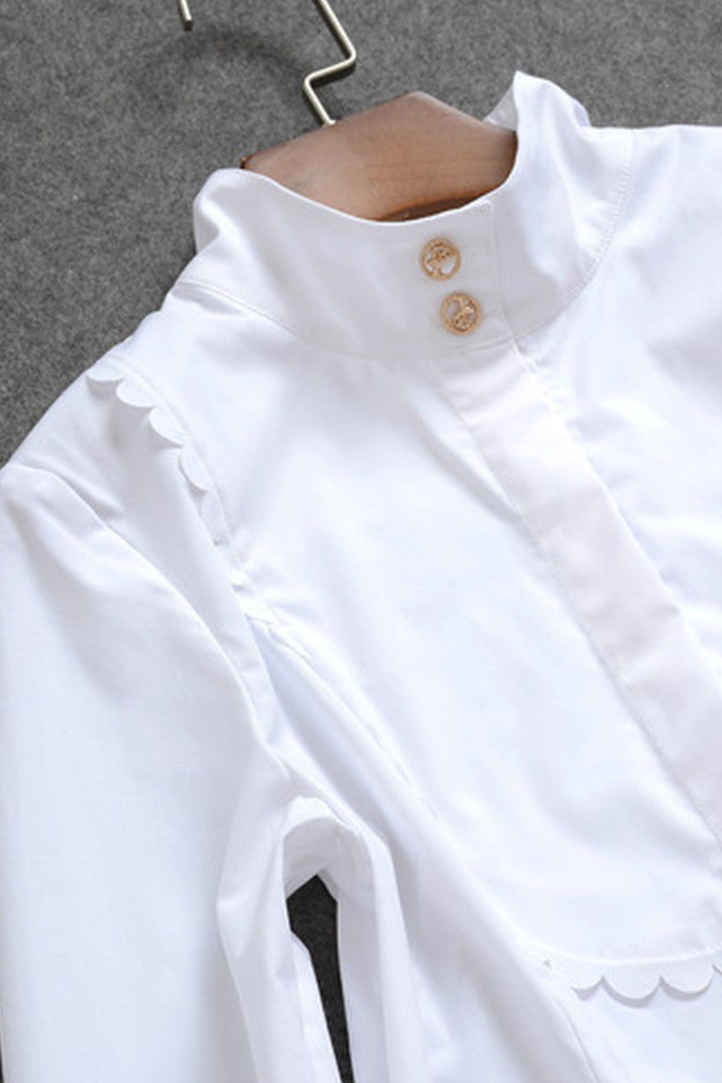 Stand Collar Corrugate Neckline White Blouse Top / BOA