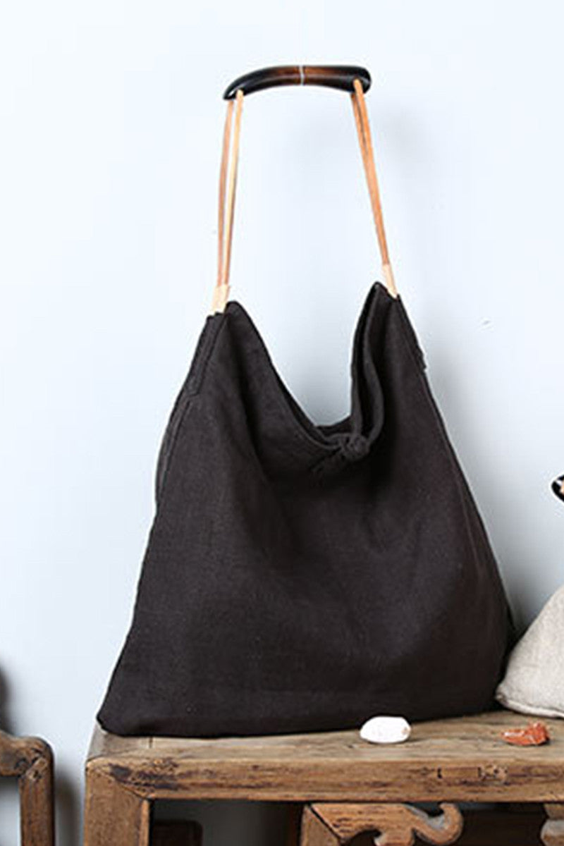 Wood Handle Linen Tote Bag