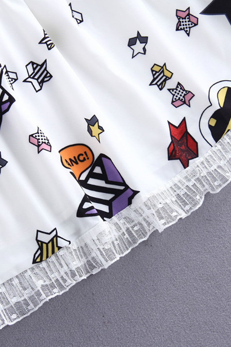 V Neck Cartoon Print Lace Hemline Pleated Dress