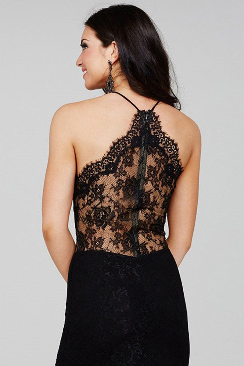 Sexy See Through Back Lace High Slit Long Lace Dress