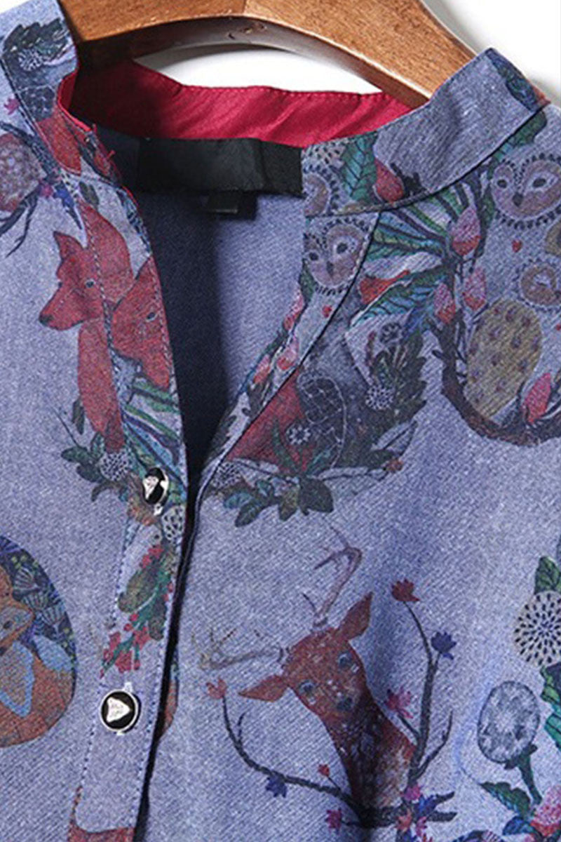Stand Collar Animals Pattern Slim Swing Dress With Belt