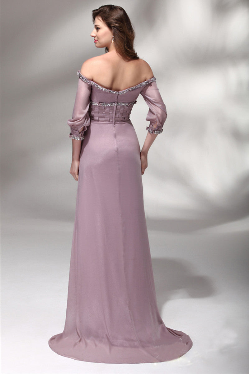Off-Shoulder Lattern Sleeve Floor Length Party Gown