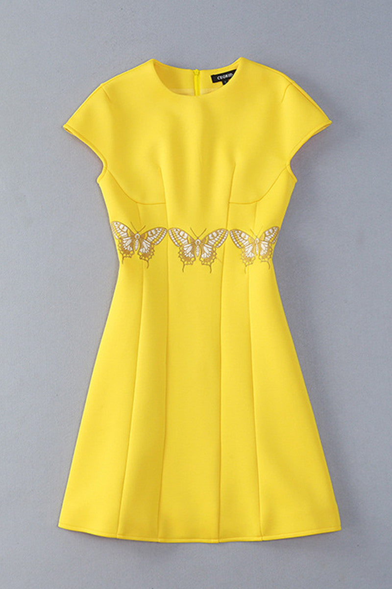 Cap Sleeve Butterflies Embroidery Slim Slant Pocket Dress