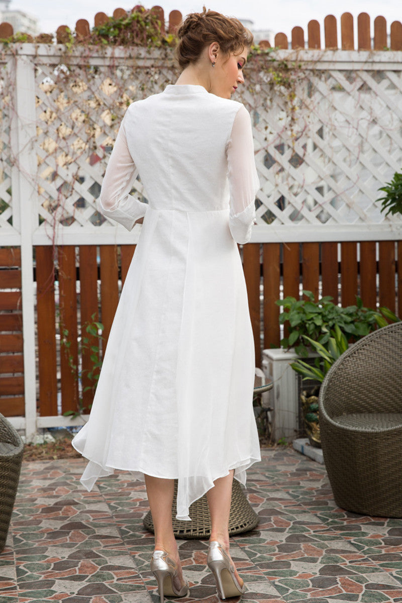 Stand Collar Sheer Sleeve Chi-Pao Button Retro Swing Dress