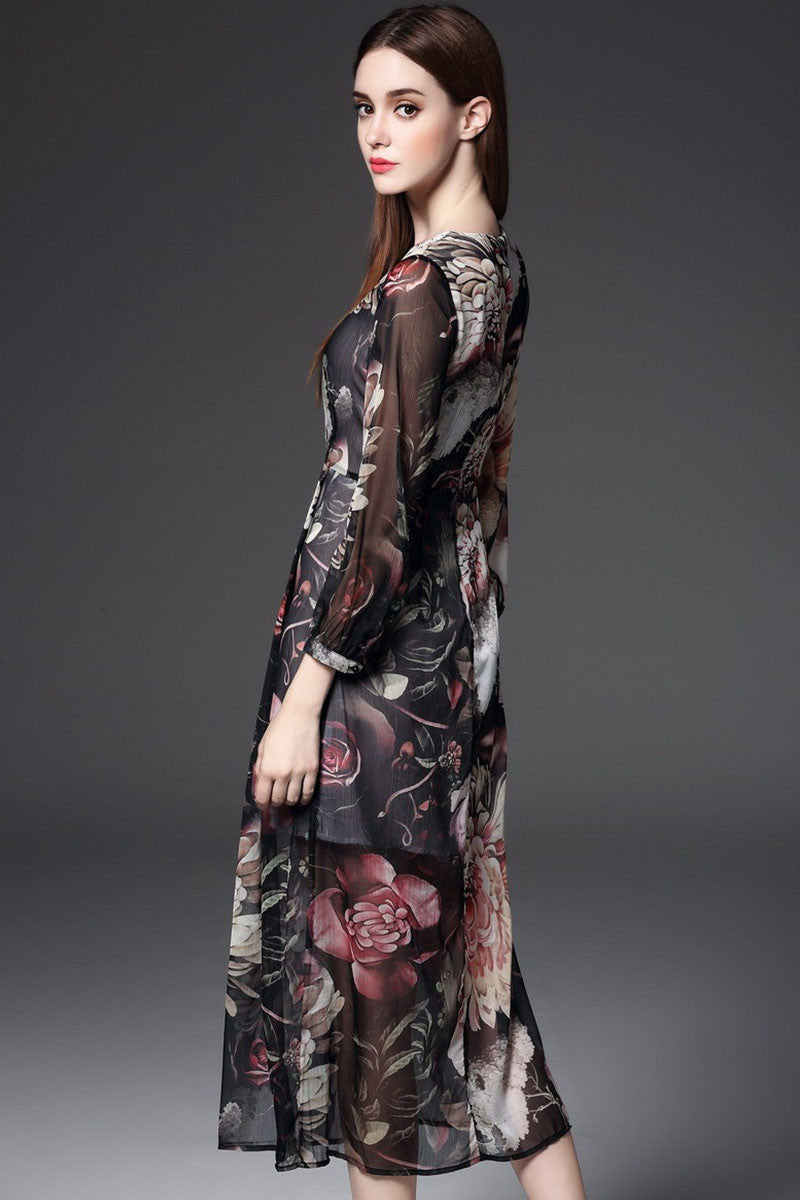 Casual Chiffon Floral Printed Side Side Slim Midi Dress