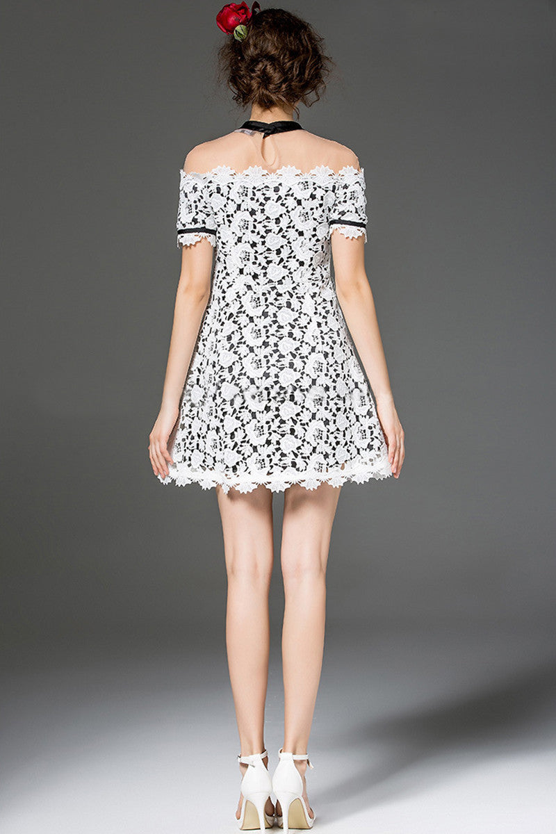 casual lace sheer mesh round neck vocation cocktail short dress