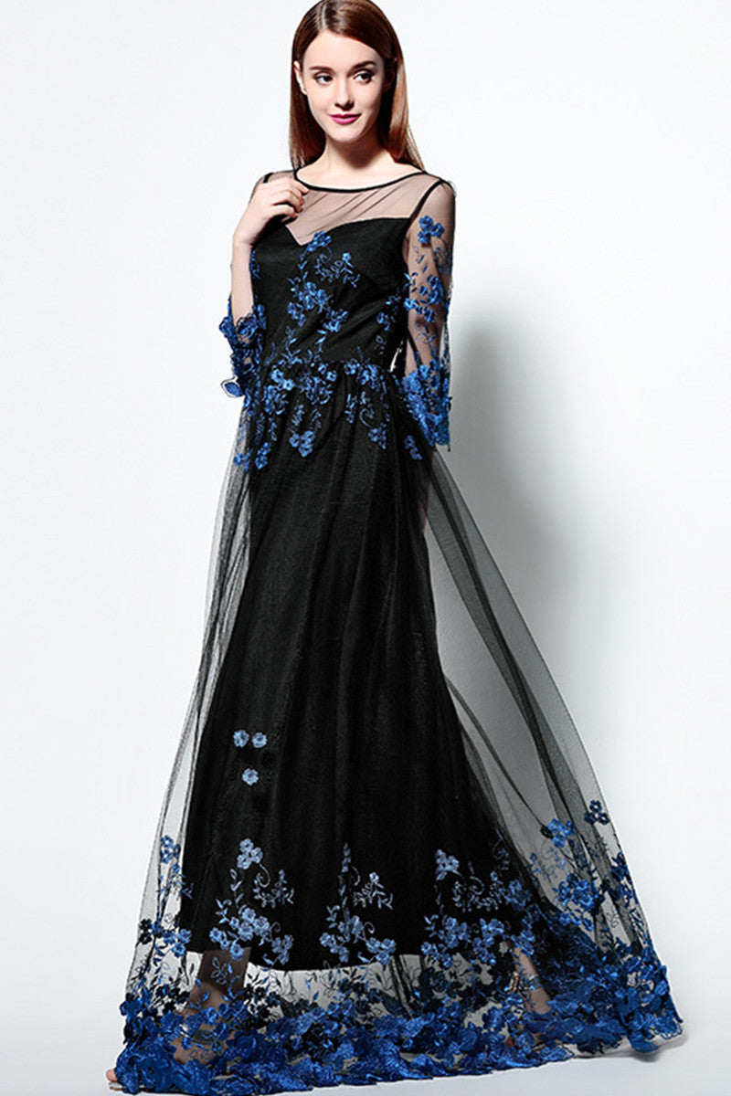Embroidered With Rosette Illusion Long Cocktail Dress