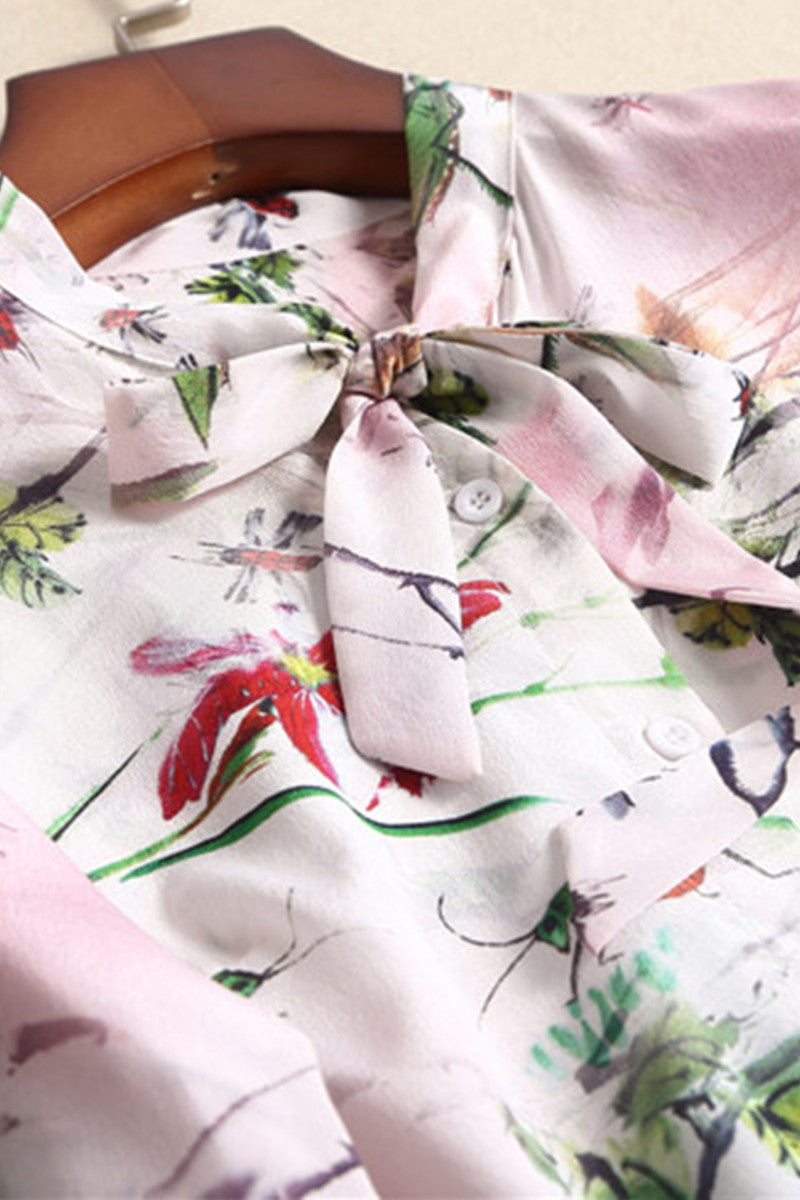 Lacing Stand Collar Floral Print Blouse