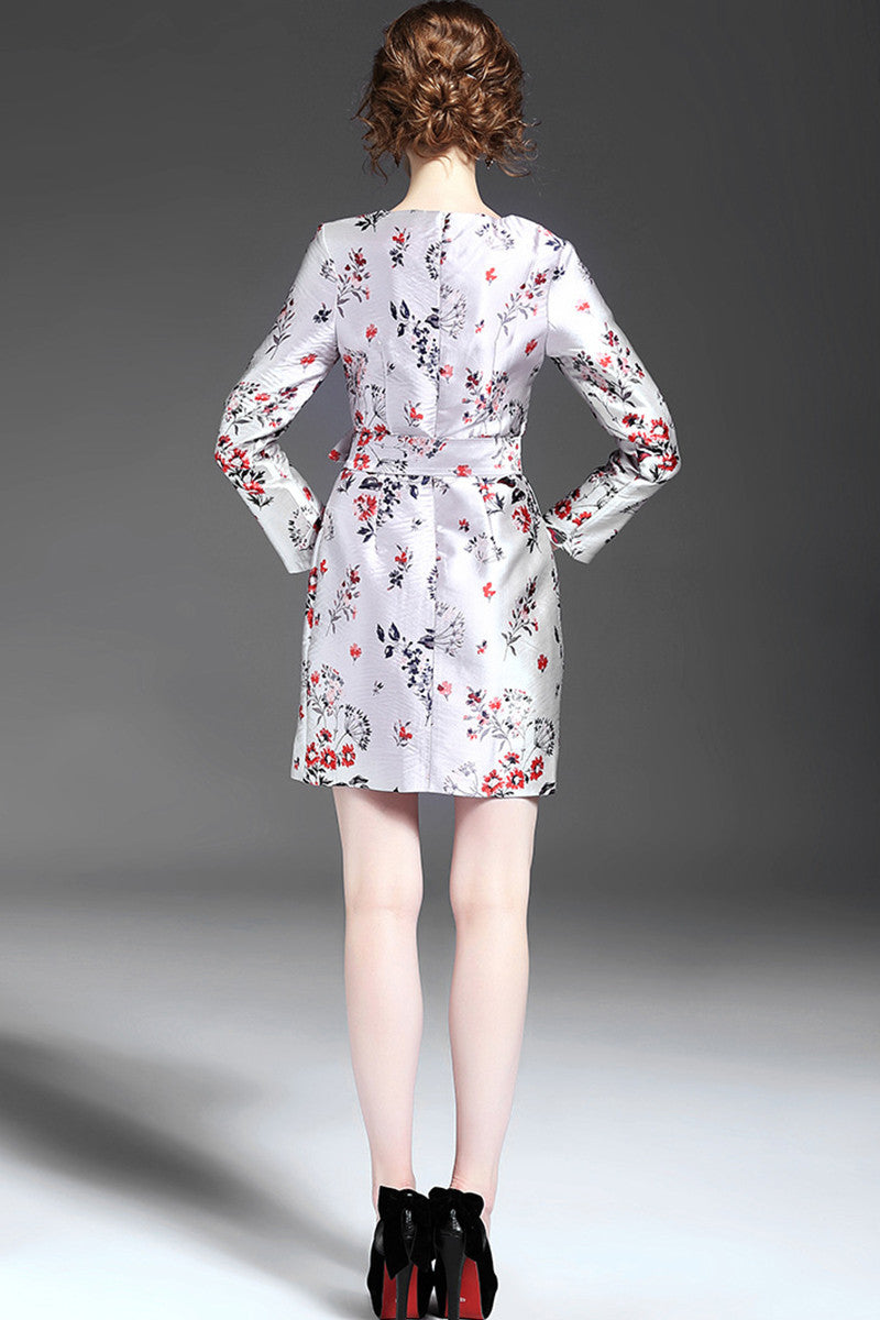 V Neck Floral Print Front Slit Lacing Waist Wrap Dress