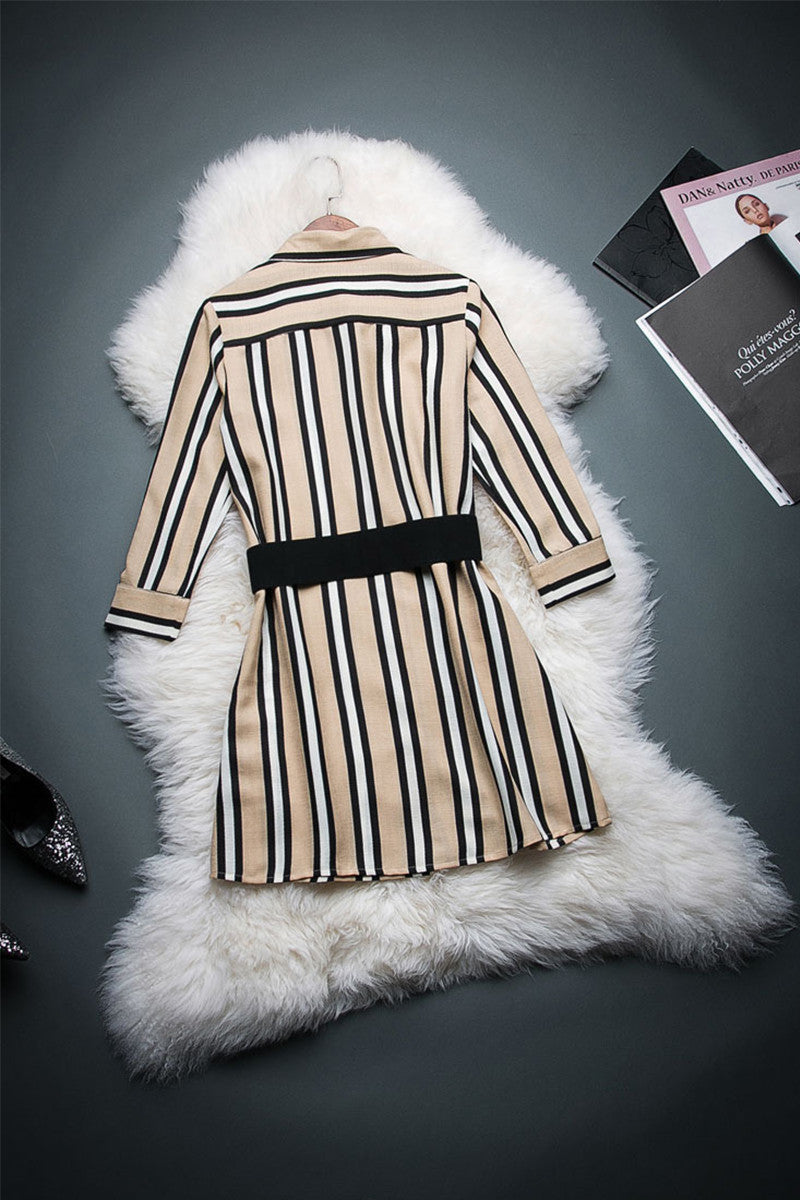 1 Women's Polo Neck Shirt Half Sleeve Slim Stripe Dresses With Belt - NJOYDRESS - 3