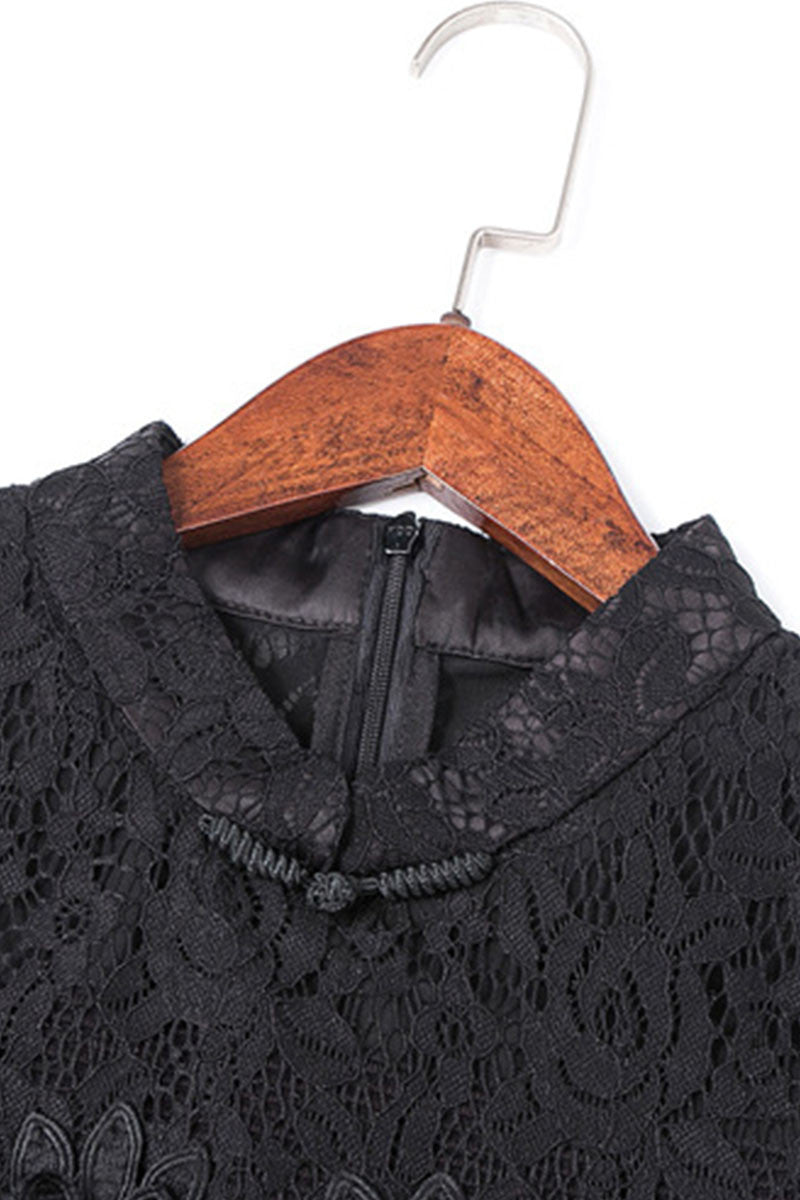 Stand Collar Sheer Mesh Sleeve Lace Flowers Tunic Dress