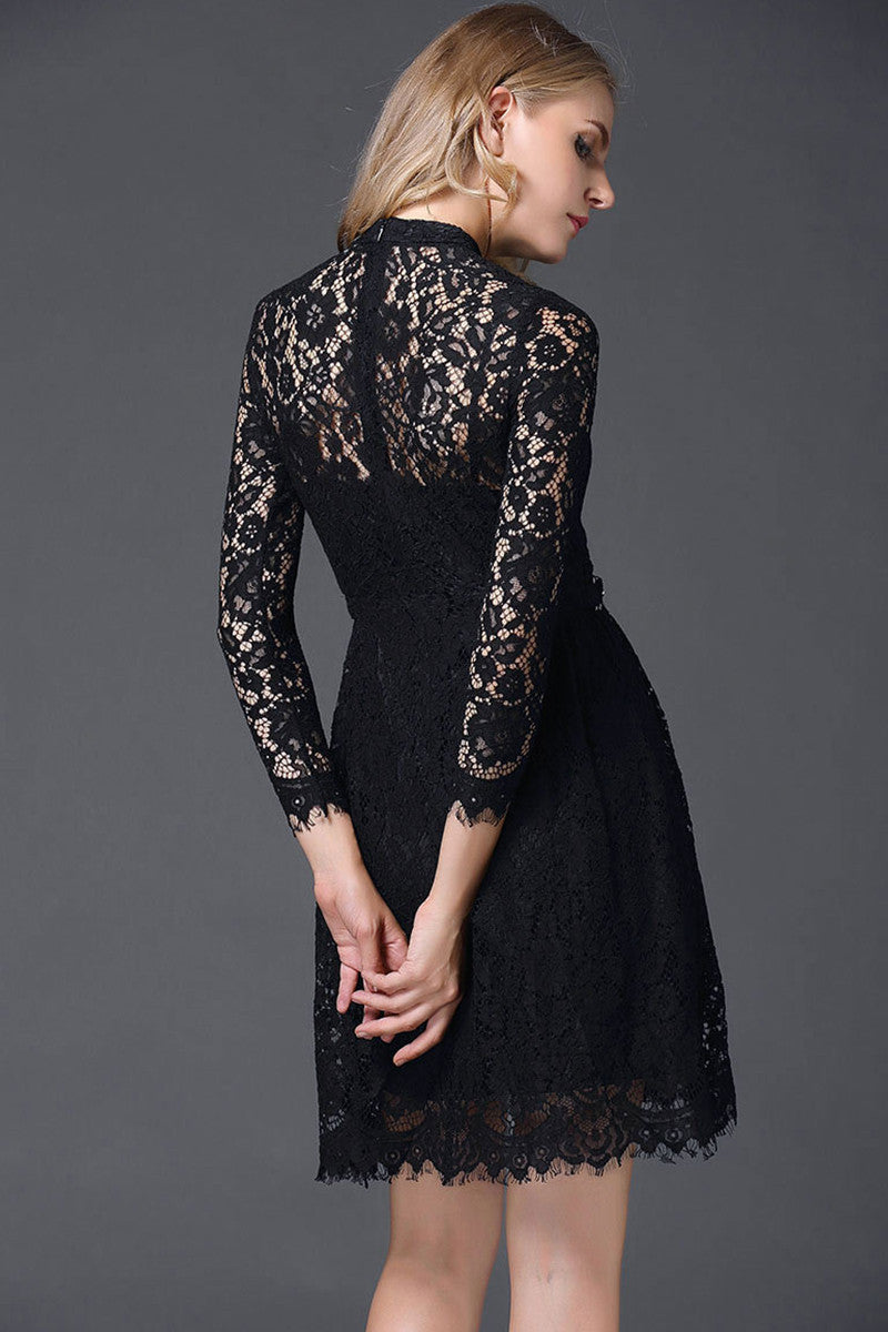WOMEN'S ELEGANT LACE ROUND NECK LONG SLEEVE COCKTAIL PARTY DRESS