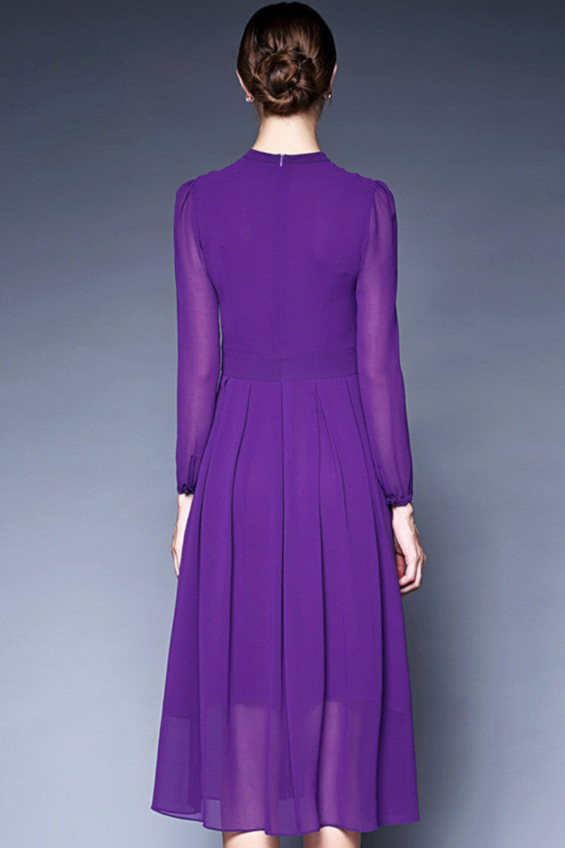 WOMEN'S ELEGANT ROUND NECK SLIM PURPLE DRESS