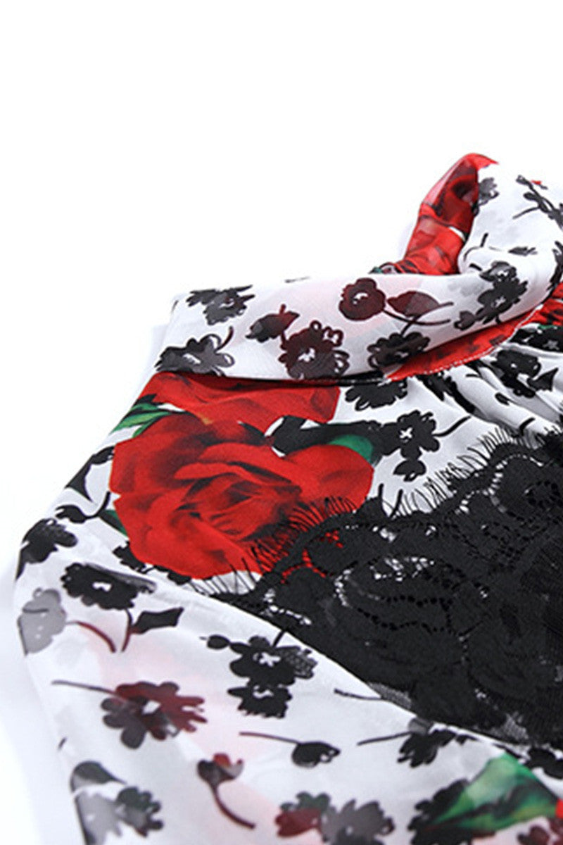 Mock Neck Long Sleeve Floral Printing With Lace PatCH Flared Dress