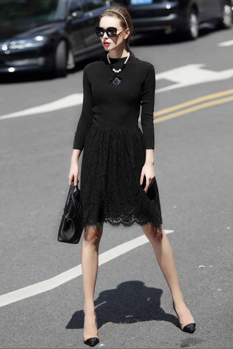 Rib Slim Top With Camellia Pattern Lace Skirt Dress