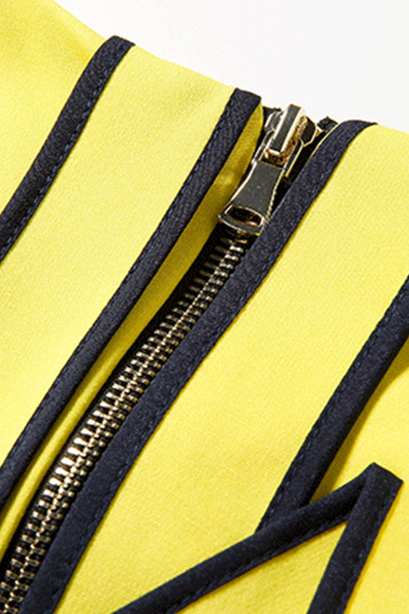 Color Zone Zipper Down With Stripe Wave Decoration Cotail Dress