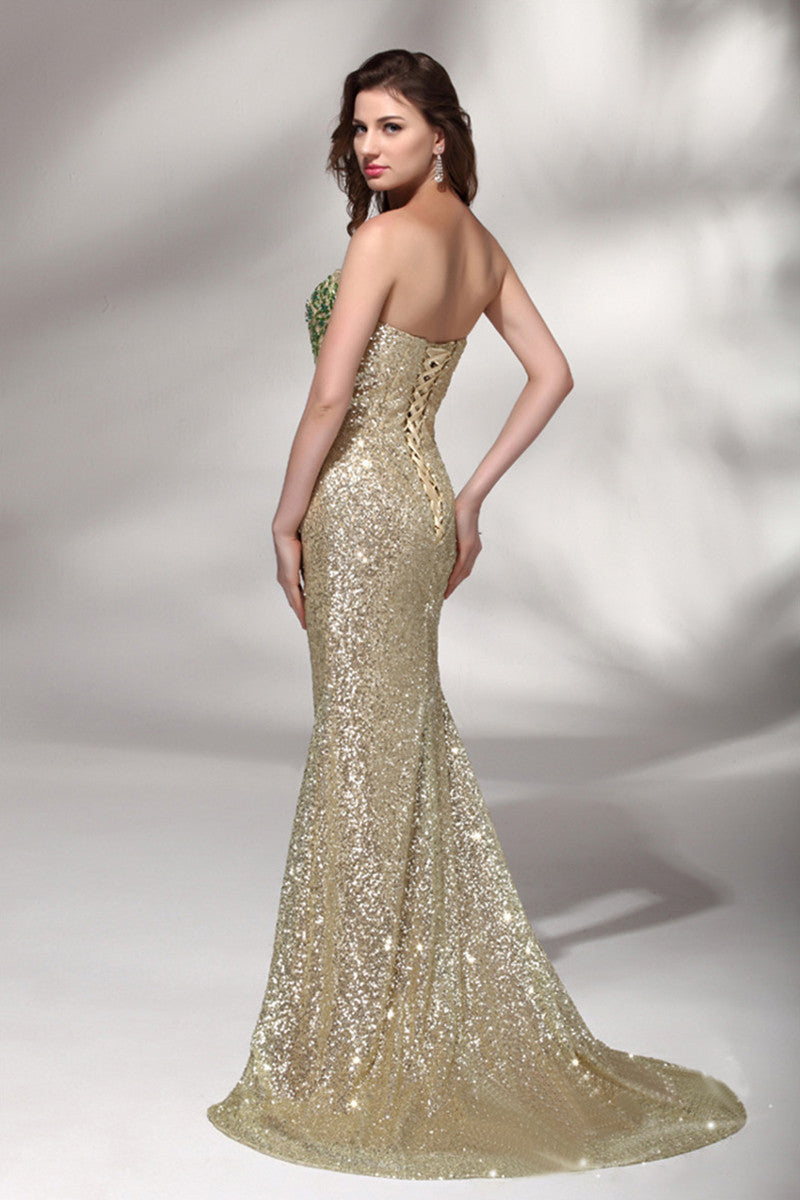 Strapless Side Slit Bling Sequin Mermaid Gown Evening Dress
