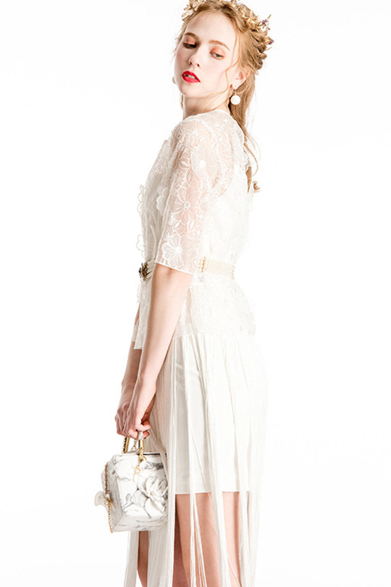 Casual Chiffon Sheer Sleeve Embroidery Tassle's Dress
