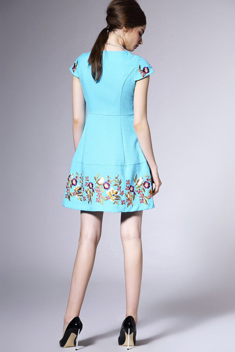 V NECK A-LINE CAP SLEEEVE EMBROIDERY FLOWER CASUAL DRESS