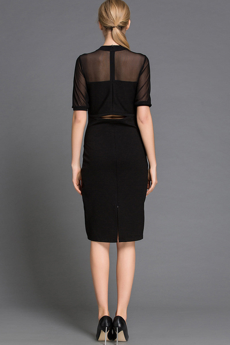 ELEGANT ROUND NECK SHEER PATTERN SLIM MIDI CASUAL DRESS