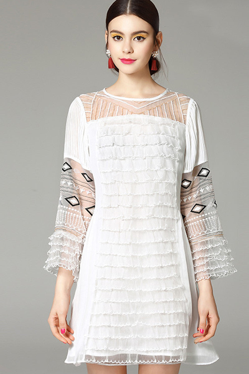 WOMEN'S ELEGANT ROUND NECK LACE SLEEVE SHORT DRESS