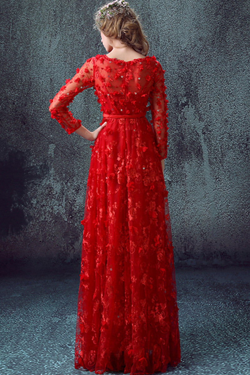 3D Flowers Applique Sheer Sleeve Runched Long Gown Dress