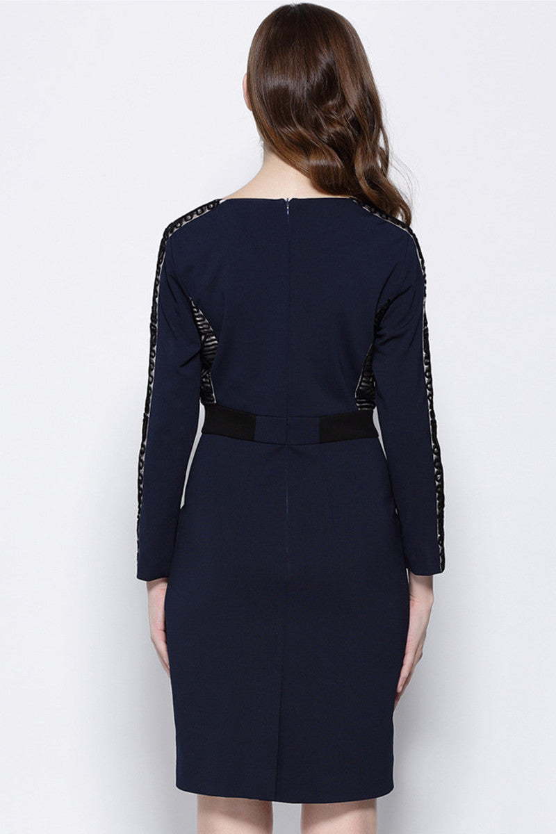 WOMEN'S BOAT NECK ELEGANT LONG SLEEVE SHORT DRESS WITH BELT