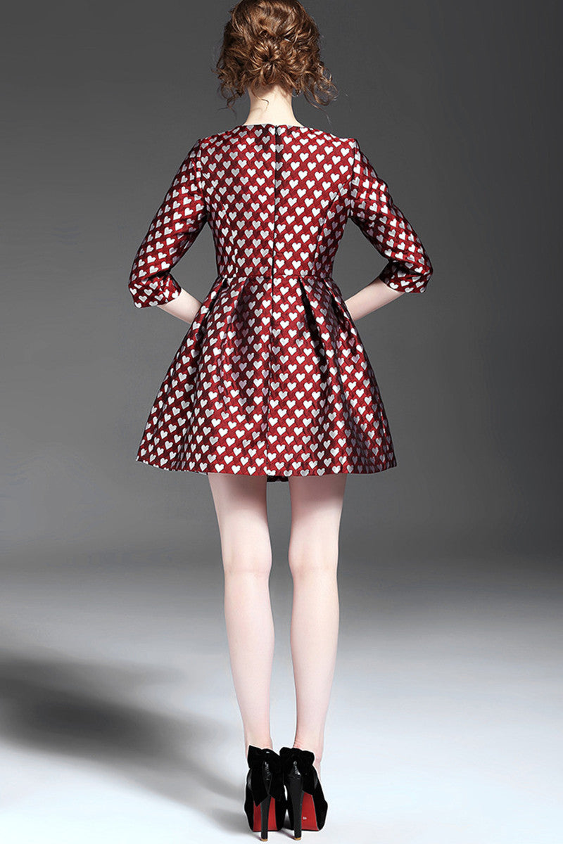Women's Heart Printing Skirt Casual Round Neck Slim A-line Flare Dress - NJOYDRESS - 3