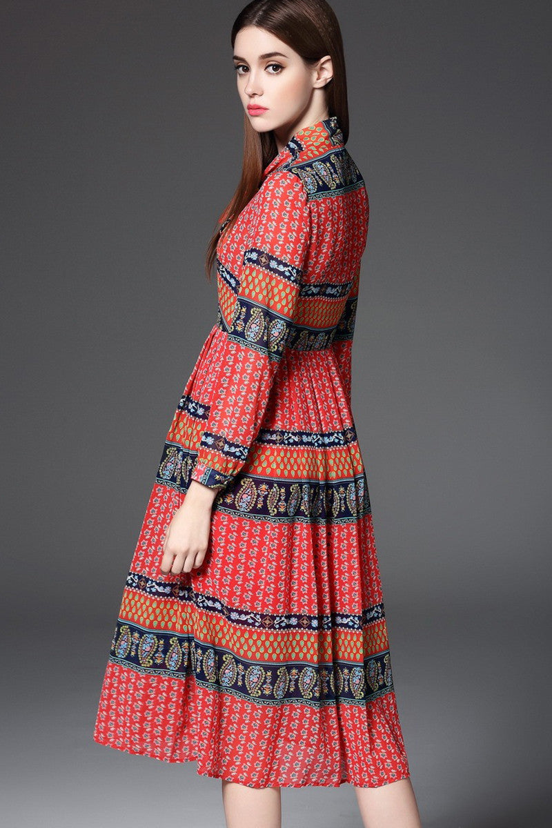 WOMEN'S ELEGANT STAND COLLAR VINTAGE 9 SLEEVE MIDI DRESS