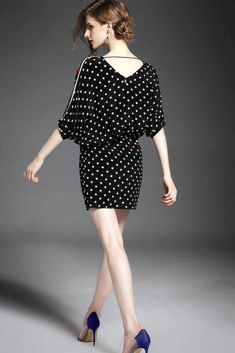 Batwing Sleeve Dot Dress Deep-V Back Neck