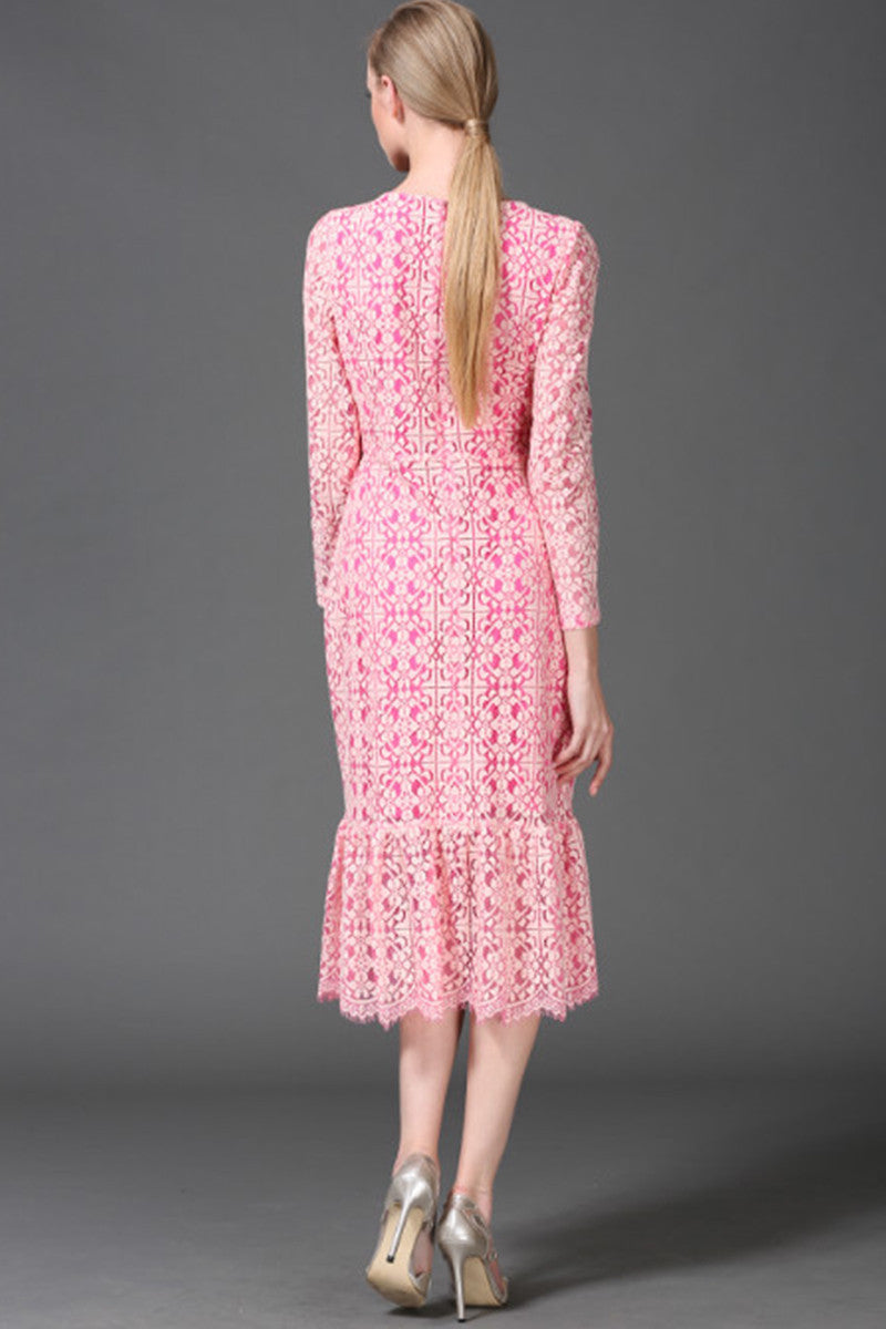 WOMEN'S ROUND NECK LACE LONG SLEEVE MIDI DRESS