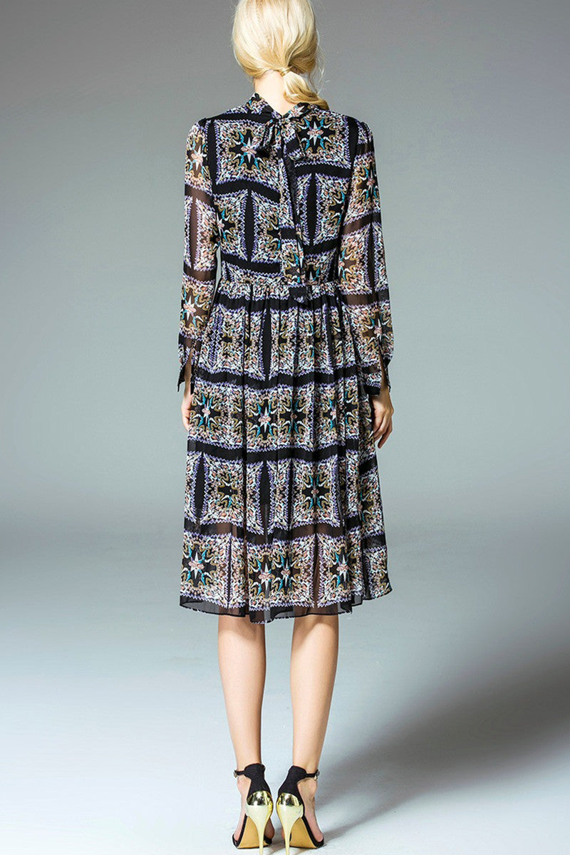 WOMEN'S PRINT AND FLORAL LONG SLEEVE COCKTAIL PARTY MIDI DRESS