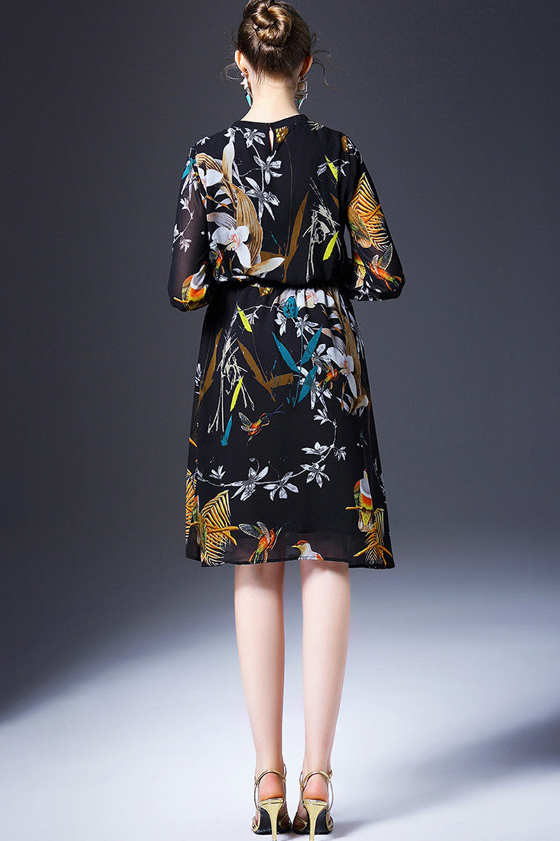 Bird Printing Round Neck Flared Dress