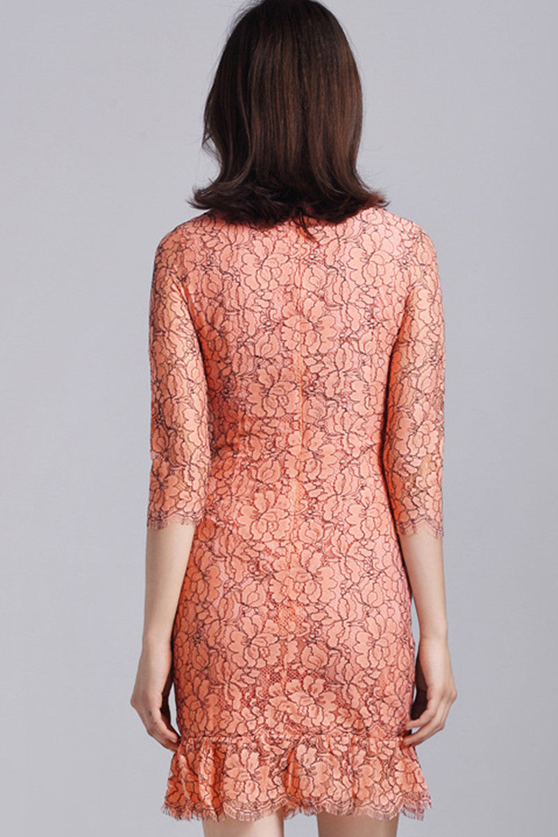 ELEGANT SLIM ROUND NECK 3/4 SLEEVE LACE PLEATED PARTY DRESS