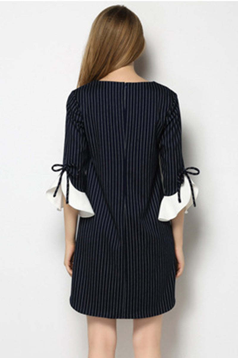 Boat Collar Vertical Stripe Line Flare Sleeve Dress