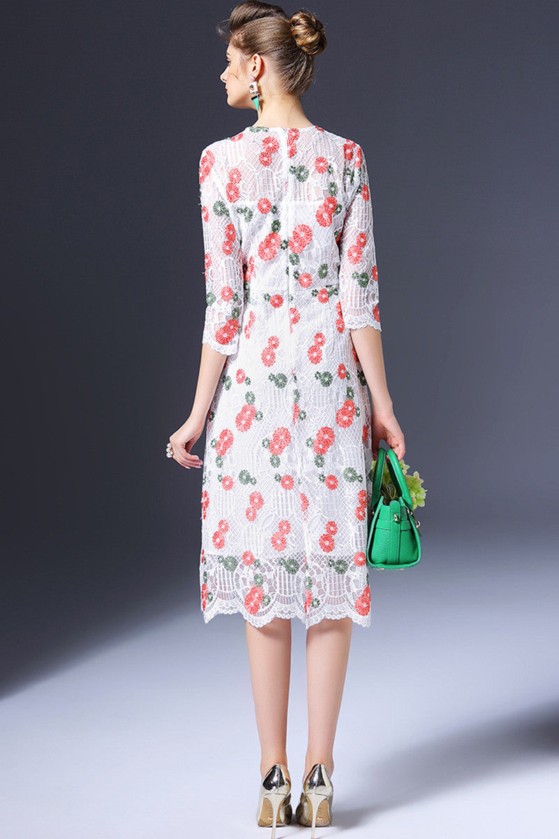 WOMEN'S ELEGANT PRINT AND FLORAL 3/4 SLEEVE ROUND NECK VOCATION MIDI DRESS