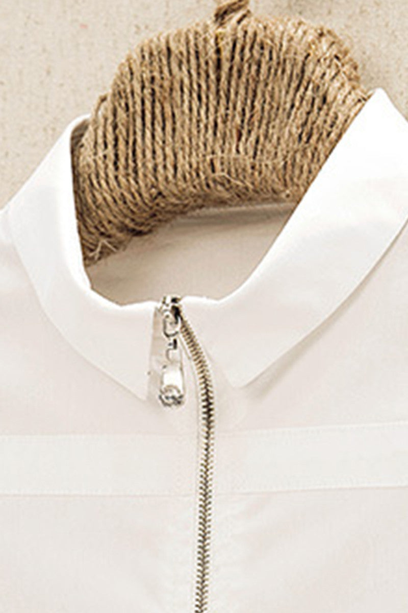 Lapel Neck Cut-Out And Open Shoulder Blouse With Zipper