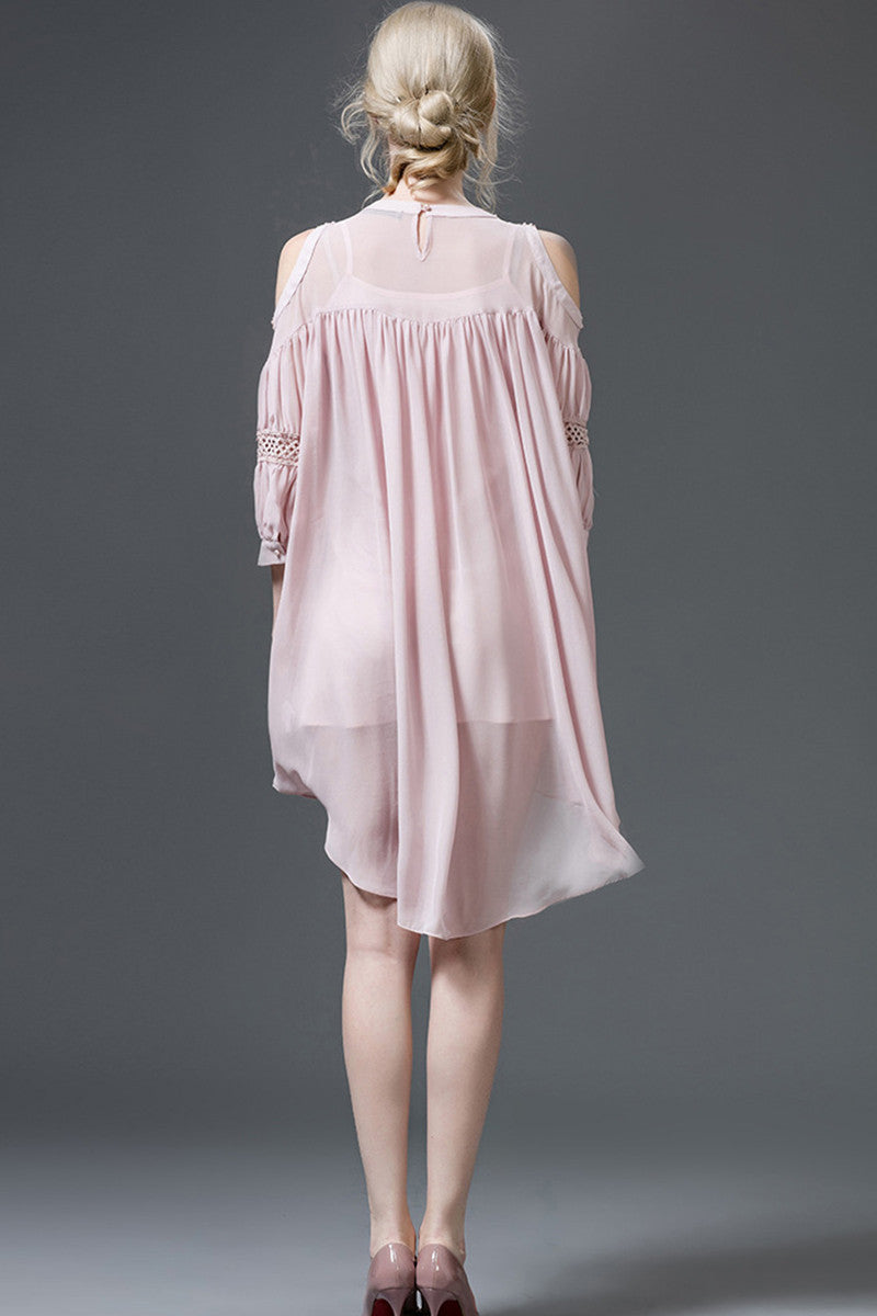 Beaded Open Puff Sleeve Loose Runched Hi-Low Dress