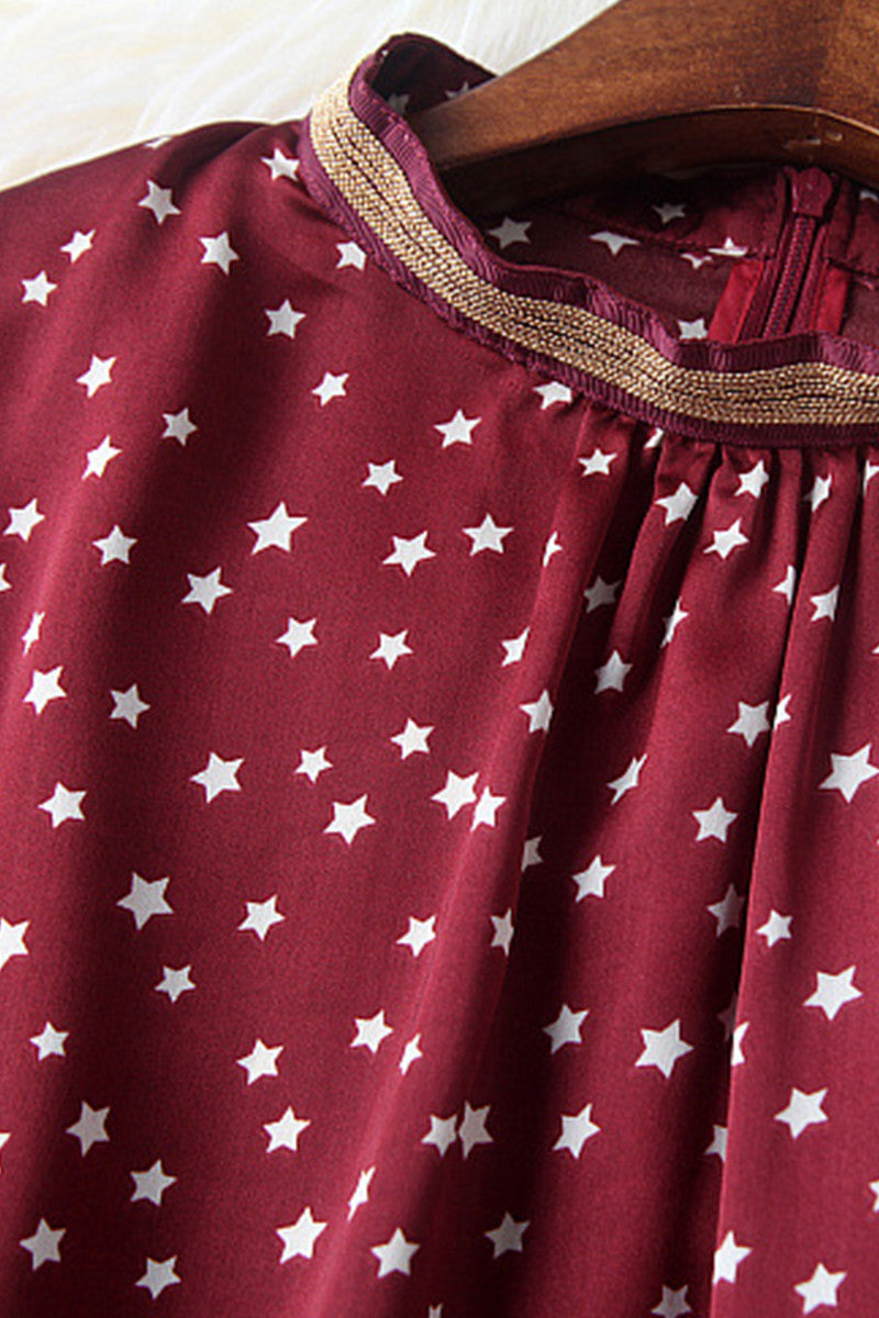 Star Print Flare Hem Lace Patch Wrap Dress