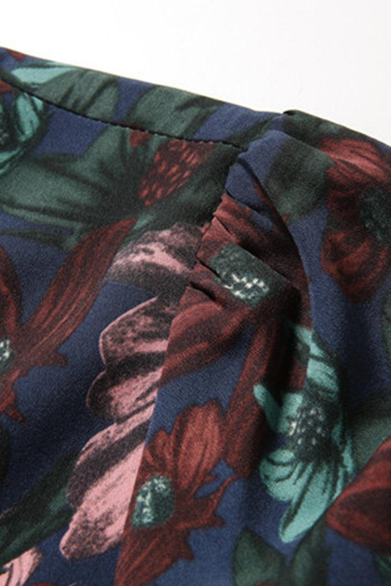 Stand Collar Floral Pattern Pleated Hi-Low Dress