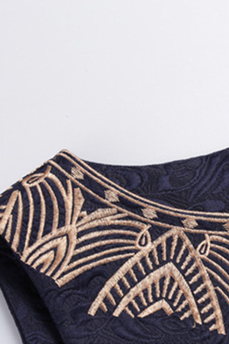 Boat Neck Retro Embroidery Jacquard Slim Dress