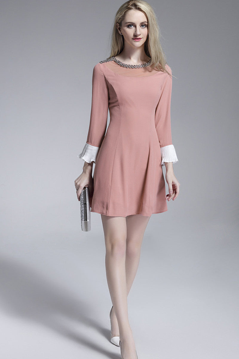 Beaded Round Collar Ruffle Flare Sleeve Slim Dress