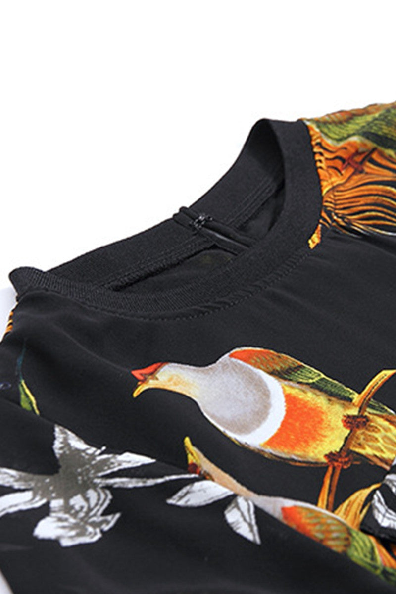 Bird Printing Round Neck Flared Dress
