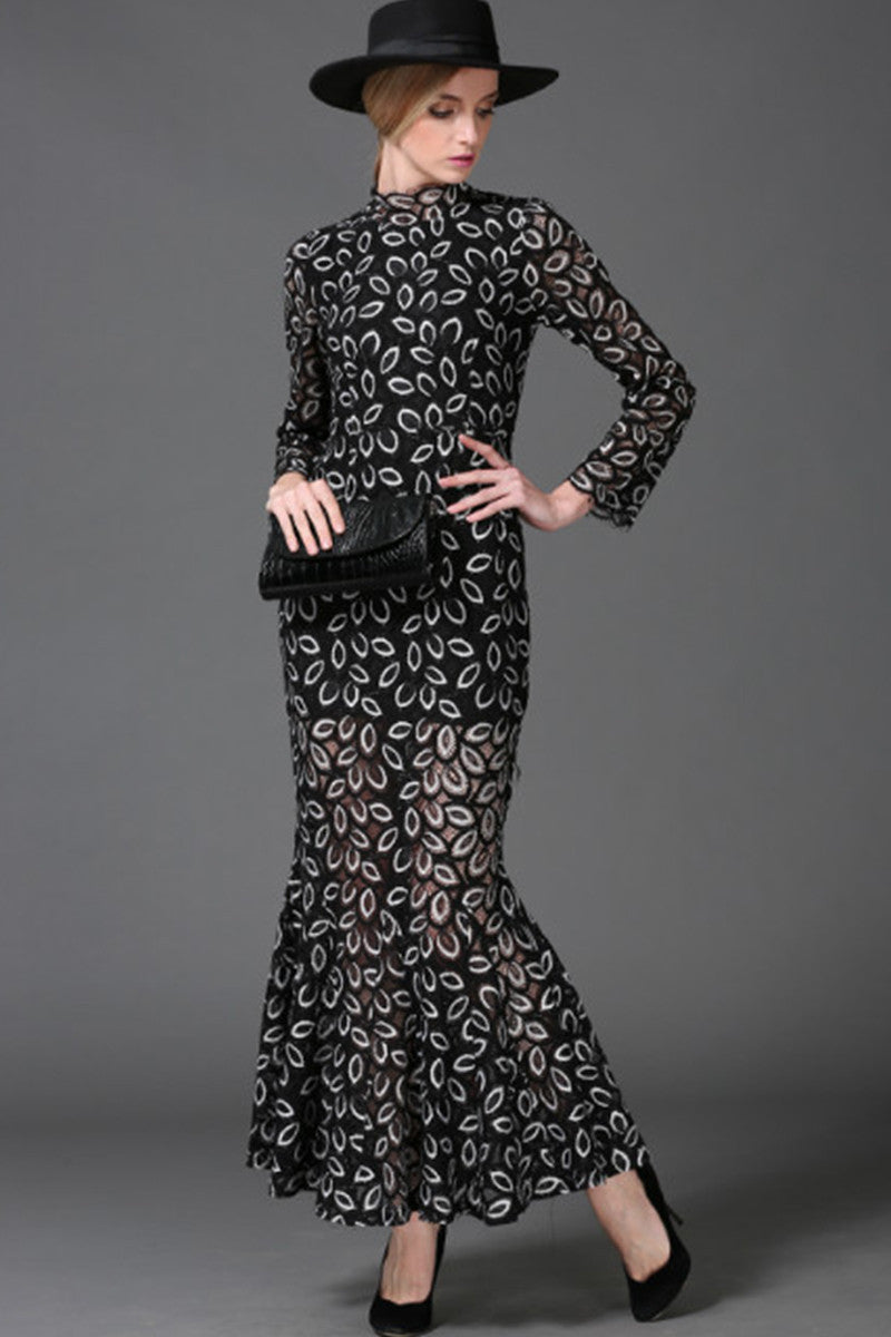 WOMEN'S ELEGANT DOT PRINTING LONG SLEEVE VINTAGE STAND COLLAR LONG DRESS